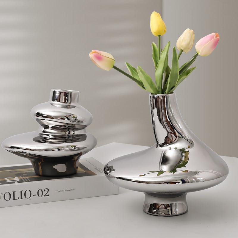 Modern Light Luxury Irregular Silver Plated Ceramic Vase - Pacisia