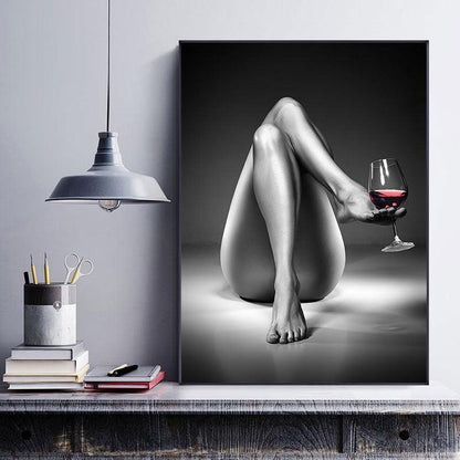 Modern Woman with Wine Glass Canvas Art - Black and White Painting - Pacisia