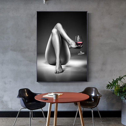 Modern Woman with Wine Glass Canvas Art - Black and White Painting - Pacisia