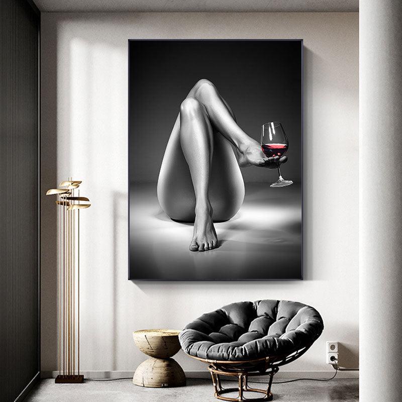 Modern Woman with Wine Glass Canvas Art - Black and White Painting - Pacisia