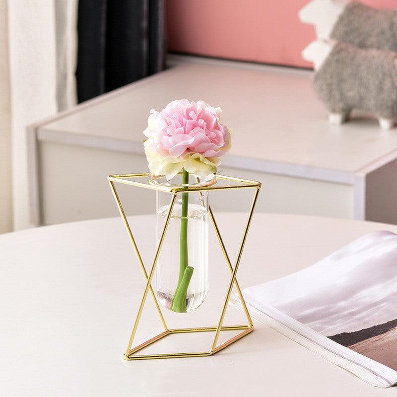 Nordic ins Geometric Vase Light Luxury Metal Iron Decoration Living Room Flower Arrangement Creative Home Glass Flower Stand Decoration - Pacisia