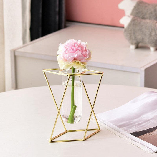 Nordic ins Geometric Vase Light Luxury Metal Iron Decoration Living Room Flower Arrangement Creative Home Glass Flower Stand Decoration - Pacisia