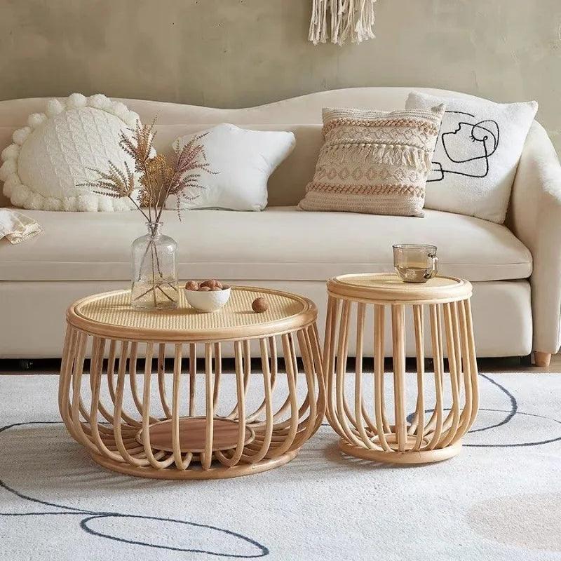 Nordic modern minimalist rattan weaving table small unit balcony living room creative retro home homestay circular coffee table - Pacisia