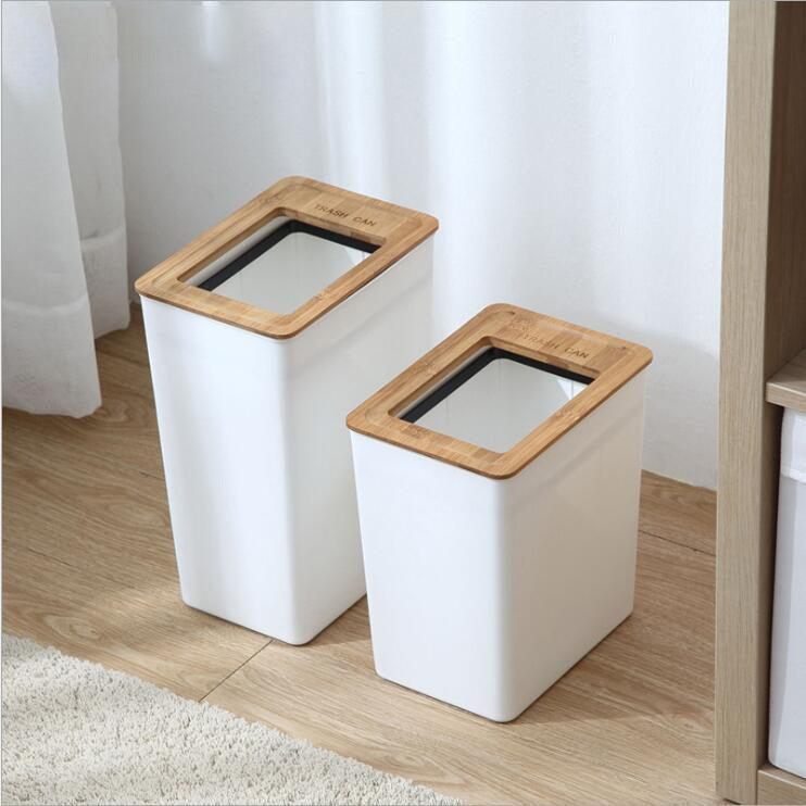 Nordic Rectangle Plastic Wooden Waste Trash Bin With Wooden - Pacisia