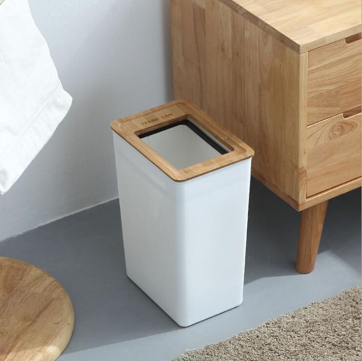 Nordic Rectangle Plastic Wooden Waste Trash Bin With Wooden - Pacisia