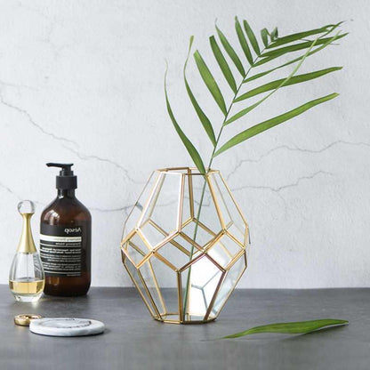 Nordic retro style golden copper strip glass geometric vase flower arrangement desktop decoration tidal ornaments - Pacisia