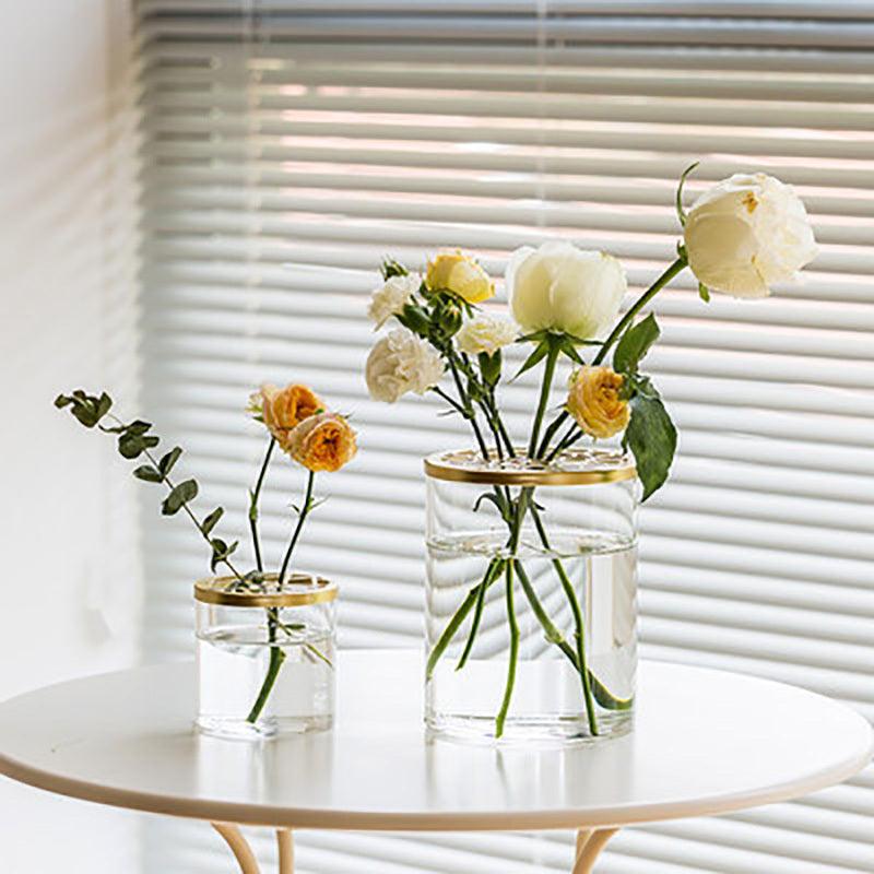 Nordic Transparent Glass Vase Golden Grid Cover Living Room Flower - Pacisia