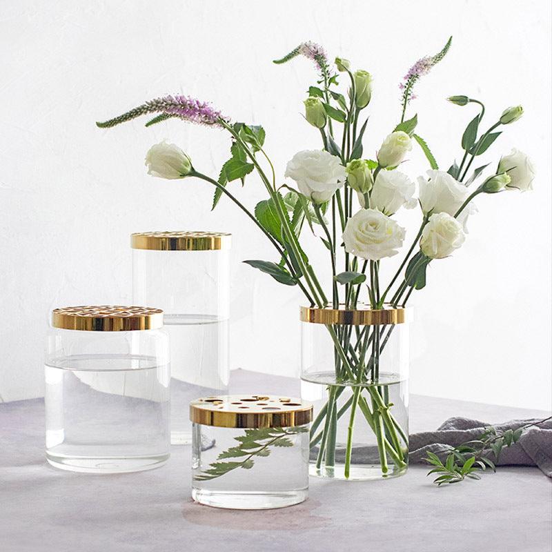 Nordic Transparent Glass Vase Golden Grid Cover Living Room Flower - Pacisia