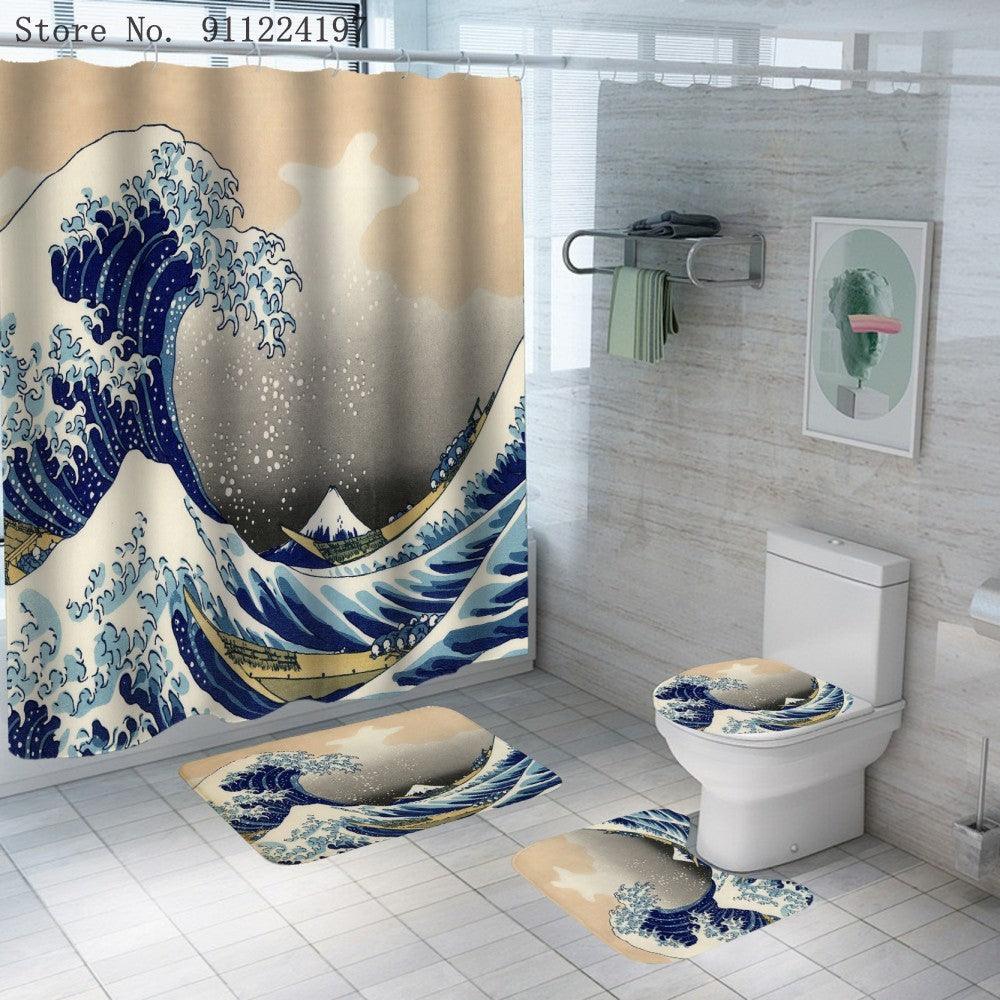 Ocean Wave Series Shower Curtain Shower Curtain Foot Pad Digital Printing Toilet Three-piece Four-piece Set - Pacisia