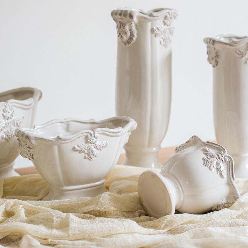 Pedestal Flower Vase Flower Pot Ceramic Glaze Ornament White Porcelain - Pacisia