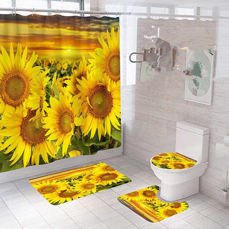 Polyester Printing Sunflower Shower Curtain Bathroom Waterproof Shower Curtain Non-slip Mat Floor Mat Four-piece Set - Pacisia