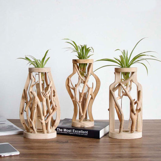 Pure Handwork Wooden Vase Decorated Solid Wood Flower Pot For Creative Glass Floral Hydroponic Container Home Decorative Vase - Pacisia