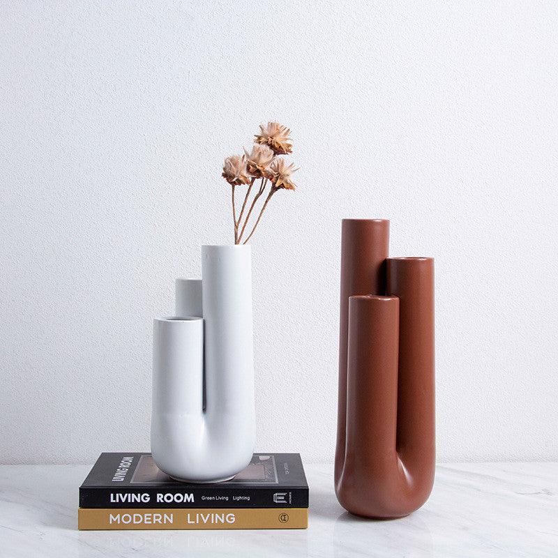 Simple Abstract Creative Ceramic Tube Vase Living Room Flower Arrangement Fashion Home Model Room Soft Decoration Handicraft Decoration - Pacisia