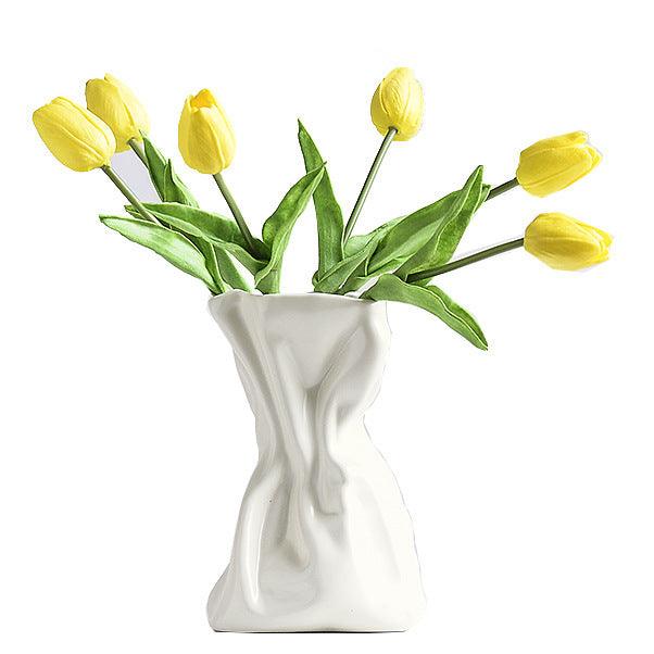 Simple Hydroponic Pleated Cream Style Ceramic Vase Ornaments - Pacisia