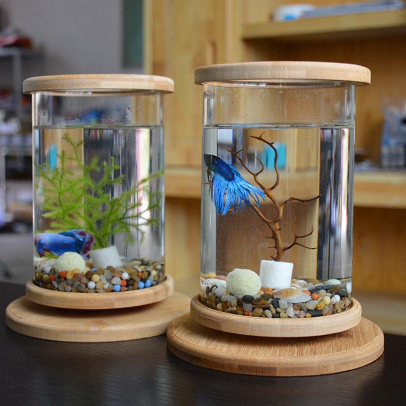 Small Office Glass Aquarium Bamboo Base Mini Fish Tank Decoration Fish Bowl - Pacisia