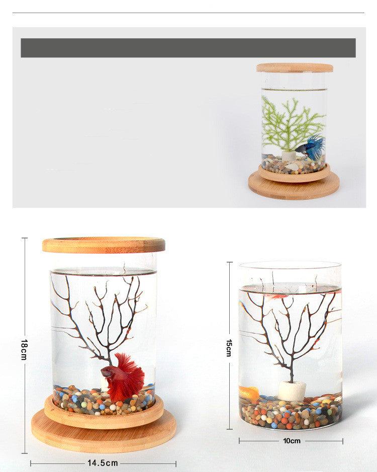 Small Office Glass Aquarium Bamboo Base Mini Fish Tank Decoration Fish Bowl - Pacisia