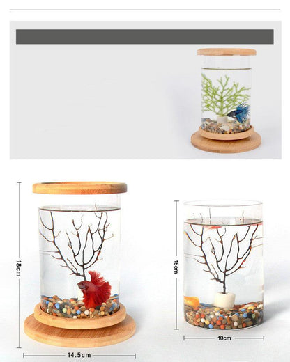 Small Office Glass Aquarium Bamboo Base Mini Fish Tank Decoration Fish Bowl - Pacisia