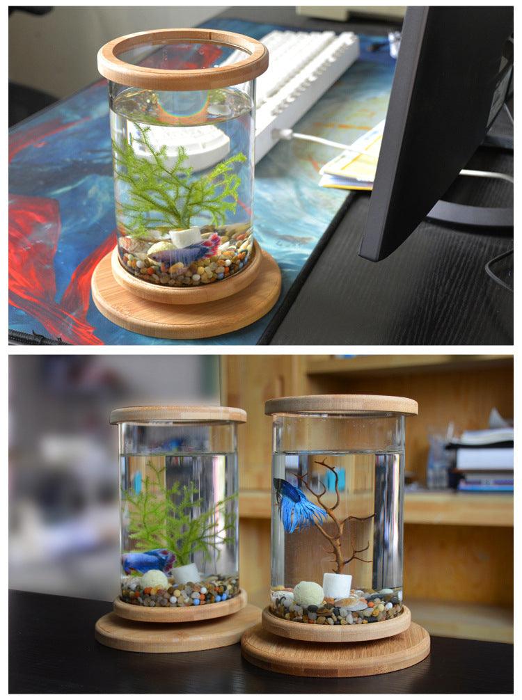 Small Office Glass Aquarium Bamboo Base Mini Fish Tank Decoration Fish Bowl - Pacisia