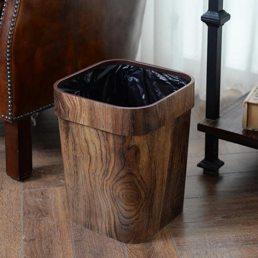 Square Wood Grain Garbage Bin Household Plastic Uncovered Office Bathroom Livingroom Kitchen 12L Dustbin Waste Basket Trash Can - Pacisia
