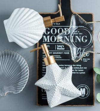 Starfish Shell Shape Ceramic Liquid Soap Dispenser Bathroom Sub-bottling Shower Gel Bottle Hand Sanitizer Container - Pacisia