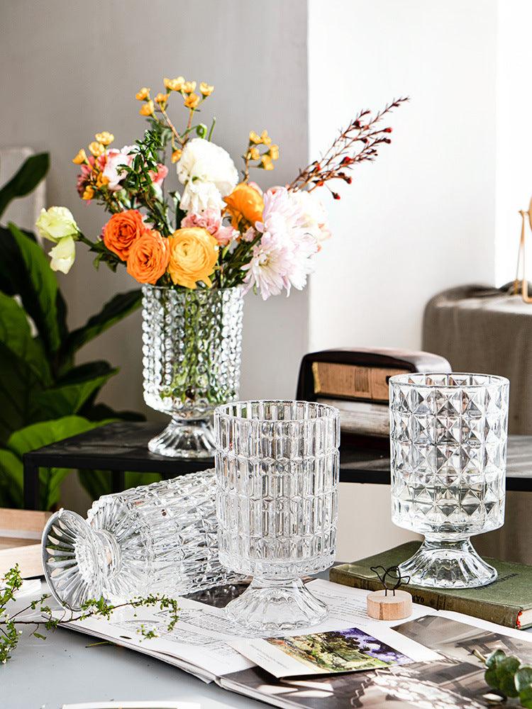 Transparent Relief Glass Vase European High Foot Transparent Flower - Pacisia