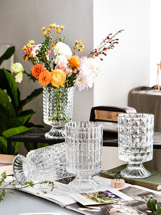 Transparent Relief Glass Vase European High Foot Transparent Flower - Pacisia
