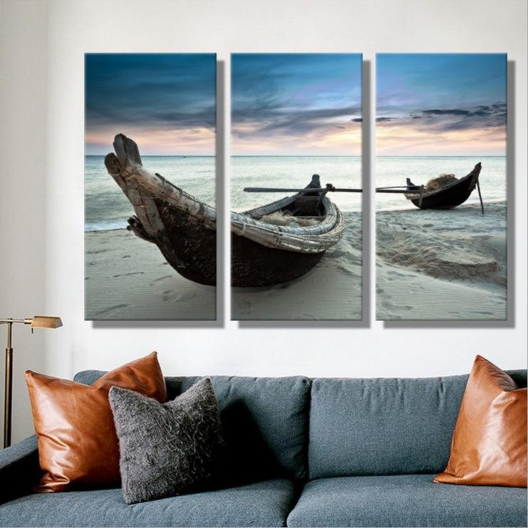 Triple Boat Canvas Painting - Coastal Wall Art Decor for Living Room - Pacisia