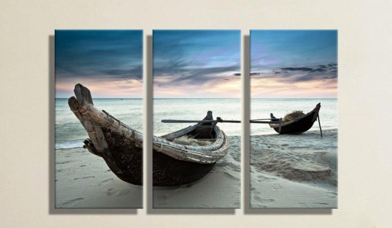 Triple Boat Canvas Painting - Coastal Wall Art Decor for Living Room - Pacisia