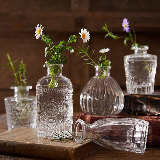 Vintage Embossed Glass Vase Small Tabletop - Pacisia