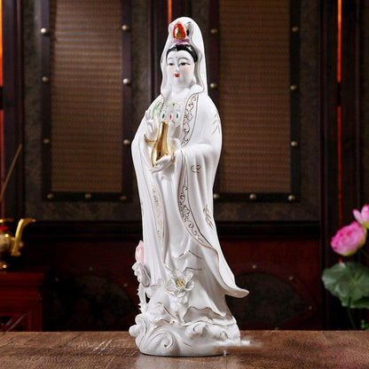 White Jade Avalokitesvara Bodhisattva Statue Ceramic Ornament - Pacisia