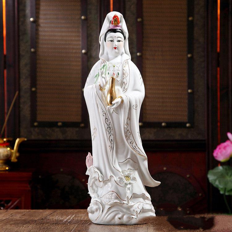 White Jade Avalokitesvara Bodhisattva Statue Ceramic Ornament - Pacisia