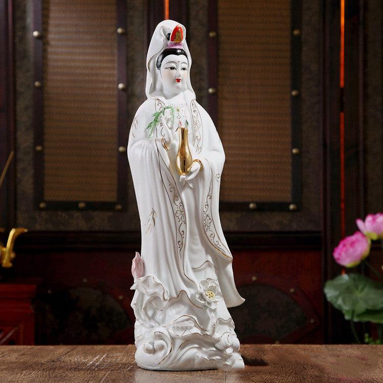 White Jade Avalokitesvara Bodhisattva Statue Ceramic Ornament - Pacisia