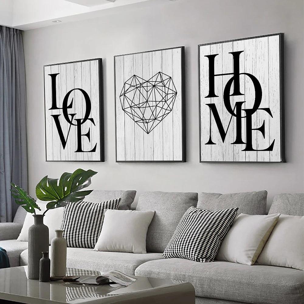 3pcs Love Home Diamond Heart Letter Canvas Prints Nordic Modern Living Room Wall Art Black White Decorative Paintings Home Decor - Pacisia