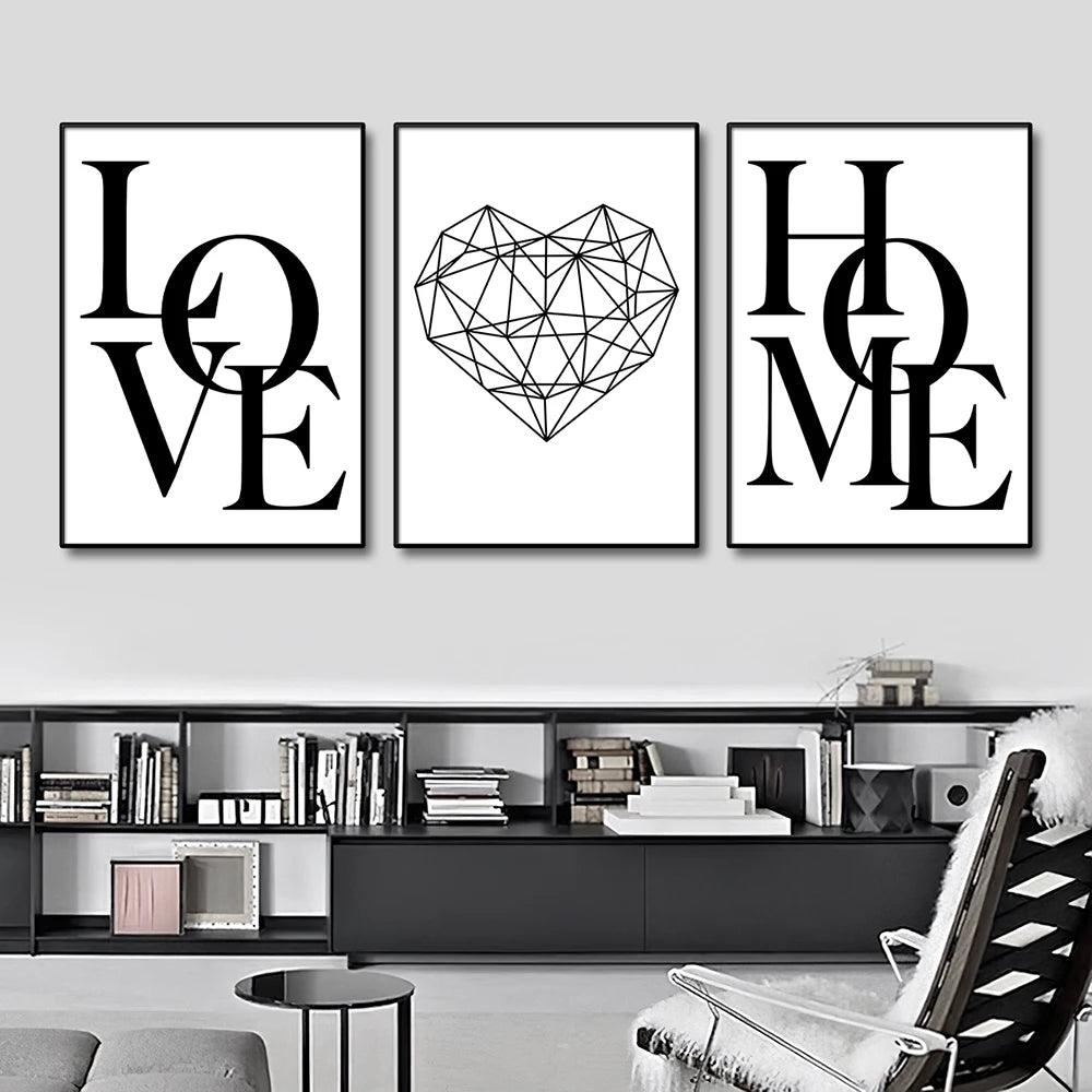 3pcs Love Home Diamond Heart Letter Canvas Prints Nordic Modern Living Room Wall Art Black White Decorative Paintings Home Decor - Pacisia