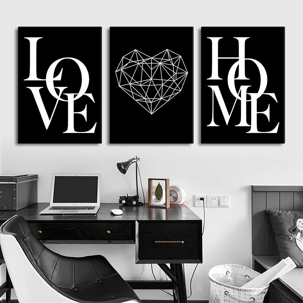 3pcs Love Home Diamond Heart Letter Canvas Prints Nordic Modern Living Room Wall Art Black White Decorative Paintings Home Decor - Pacisia