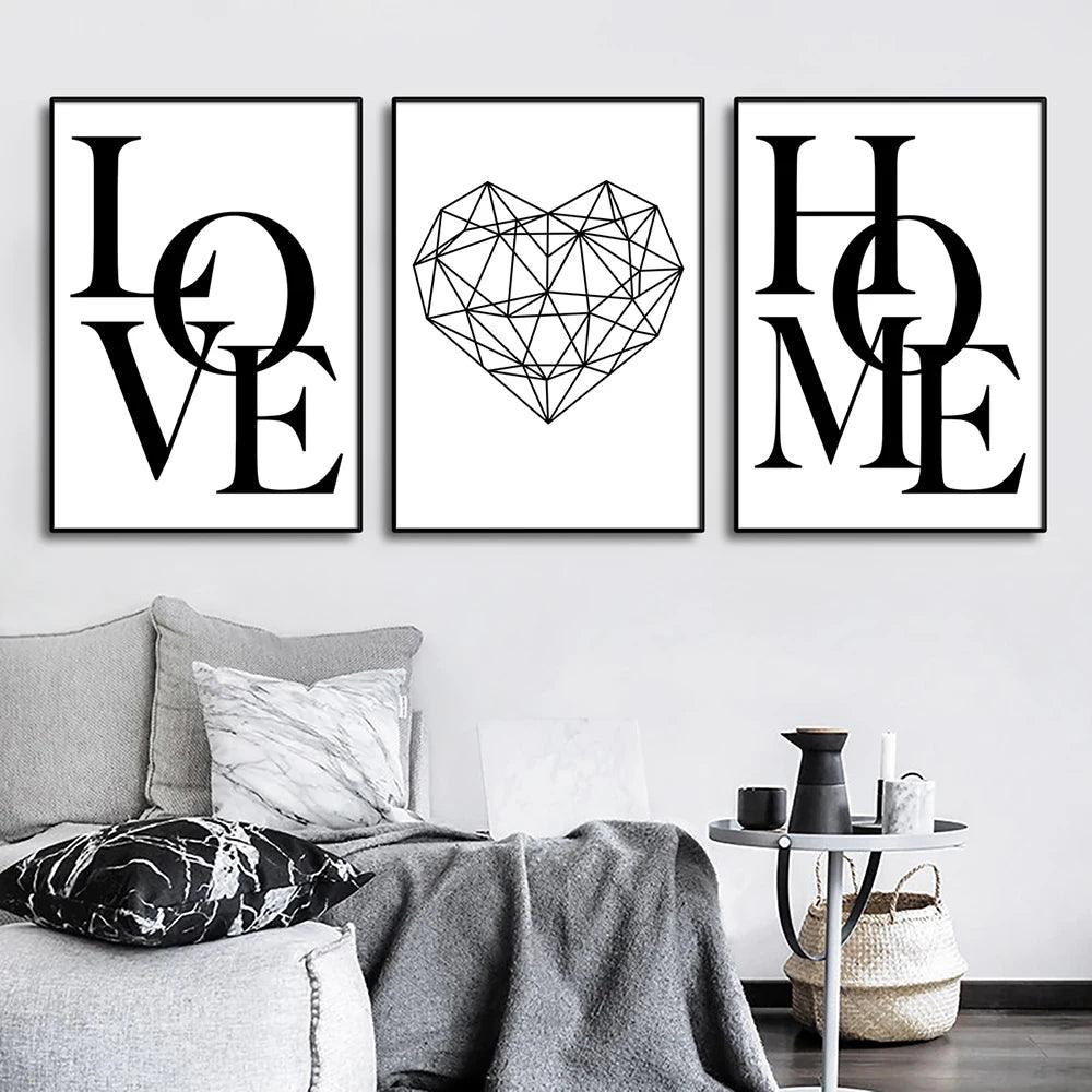 3pcs Love Home Diamond Heart Letter Canvas Prints Nordic Modern Living Room Wall Art Black White Decorative Paintings Home Decor - Pacisia