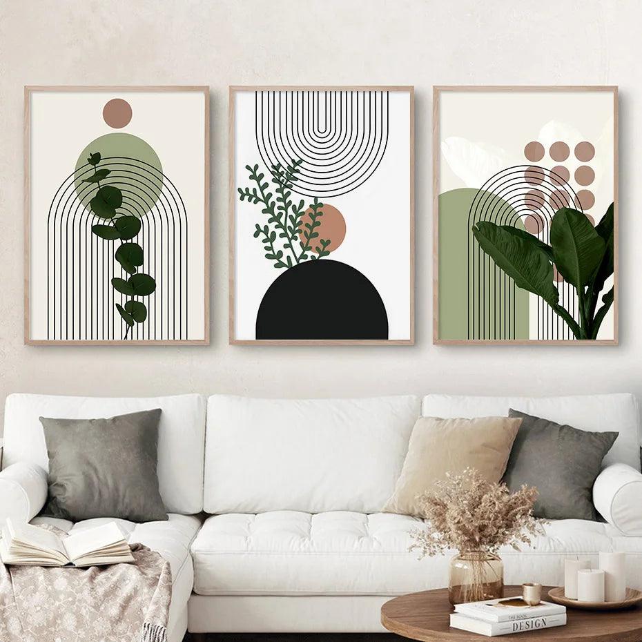 3pcs Modern Abstract Green Plants Leaf Sun Lines Wall Boho Art Canvas Painting Posters Prints Pictures Living Room Decor Gifts - Pacisia