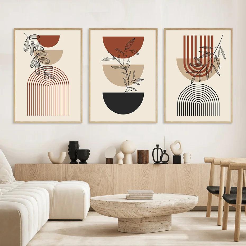 3pcs Modern Abstract Green Plants Leaf Sun Lines Wall Boho Art Canvas Painting Posters Prints Pictures Living Room Decor Gifts - Pacisia