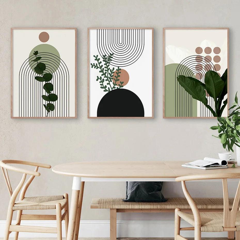 3pcs Modern Abstract Green Plants Leaf Sun Lines Wall Boho Art Canvas Painting Posters Prints Pictures Living Room Decor Gifts - Pacisia