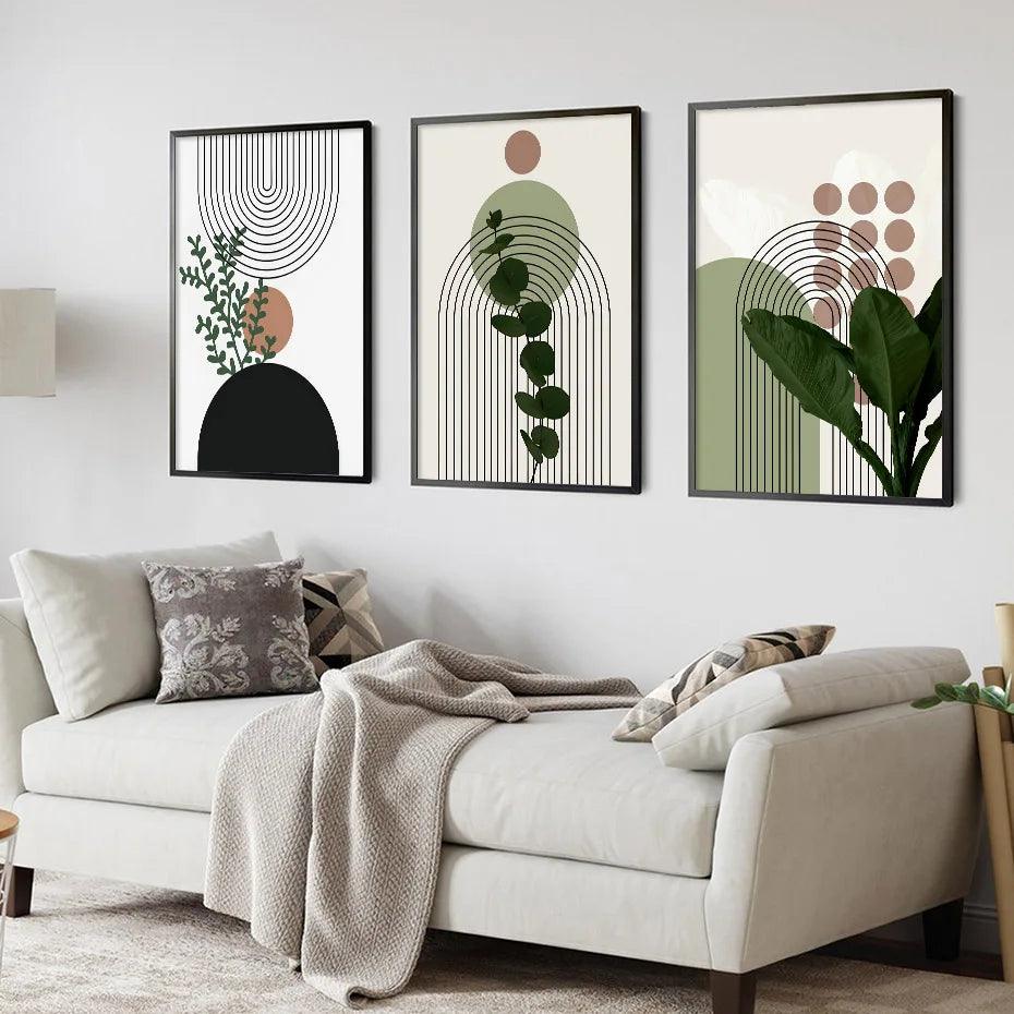 3pcs Modern Abstract Green Plants Leaf Sun Lines Wall Boho Art Canvas Painting Posters Prints Pictures Living Room Decor Gifts - Pacisia