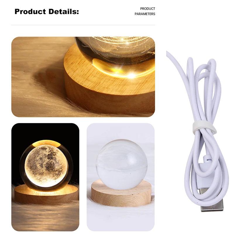 USB Night Light LED Crystal Ball Table Lamp 3D Moon Planet Galaxy Decor for Home Table Lamp Party Toys for Kids Adult Xmas Gifts - Pacisia