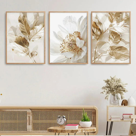 3PCS Frameless Nordic White Floral Golden Leaves Poster Wall Art Canvas Painting Prints Pictures Living Room Interior Home Decor - Pacisia