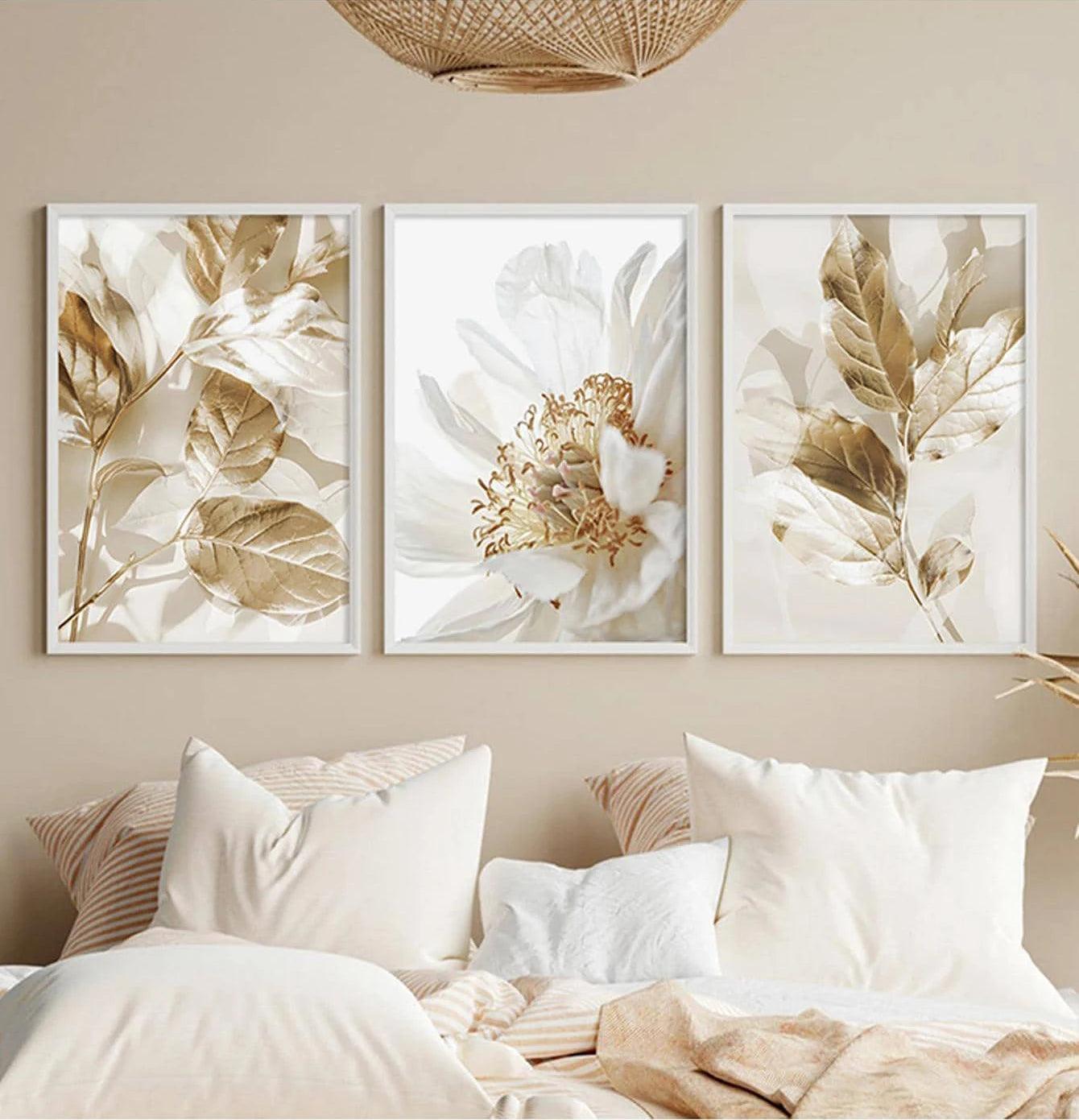 3PCS Frameless Nordic White Floral Golden Leaves Poster Wall Art Canvas Painting Prints Pictures Living Room Interior Home Decor - Pacisia