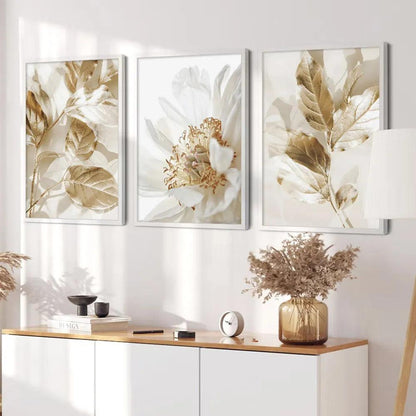 3PCS Frameless Nordic White Floral Golden Leaves Poster Wall Art Canvas Painting Prints Pictures Living Room Interior Home Decor - Pacisia