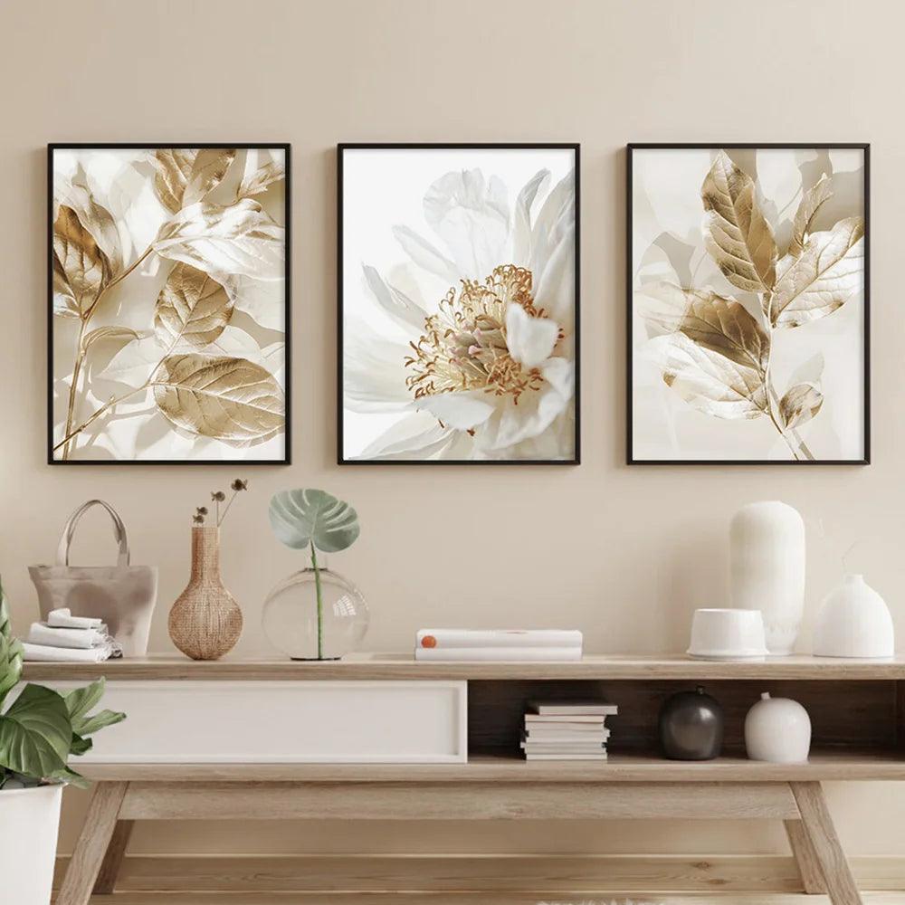 3PCS Frameless Nordic White Floral Golden Leaves Poster Wall Art Canvas Painting Prints Pictures Living Room Interior Home Decor - Pacisia